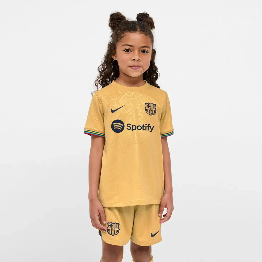 Barcelona 2022-23 Away Little Kids Kit Gold-Navy
